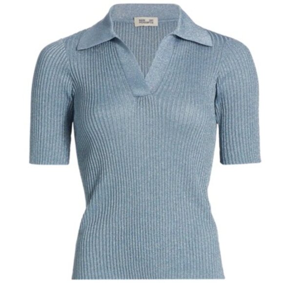 NEW LISTING - Baum Und Pferdgarten, Ciaba Metallic Rib-knit Polo In Dusty Blue- - Picture 1 of 8
